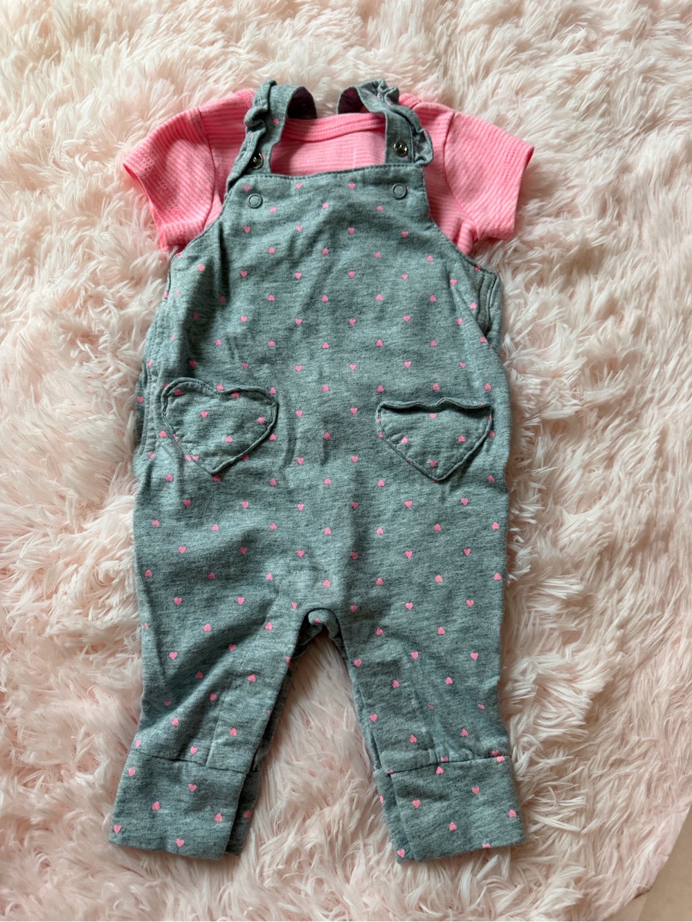 Baby Girl Grey Overalls with Pink Hearts